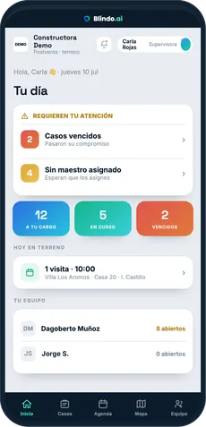 Aplicación del supervisor de postventa mostrando las tareas del día